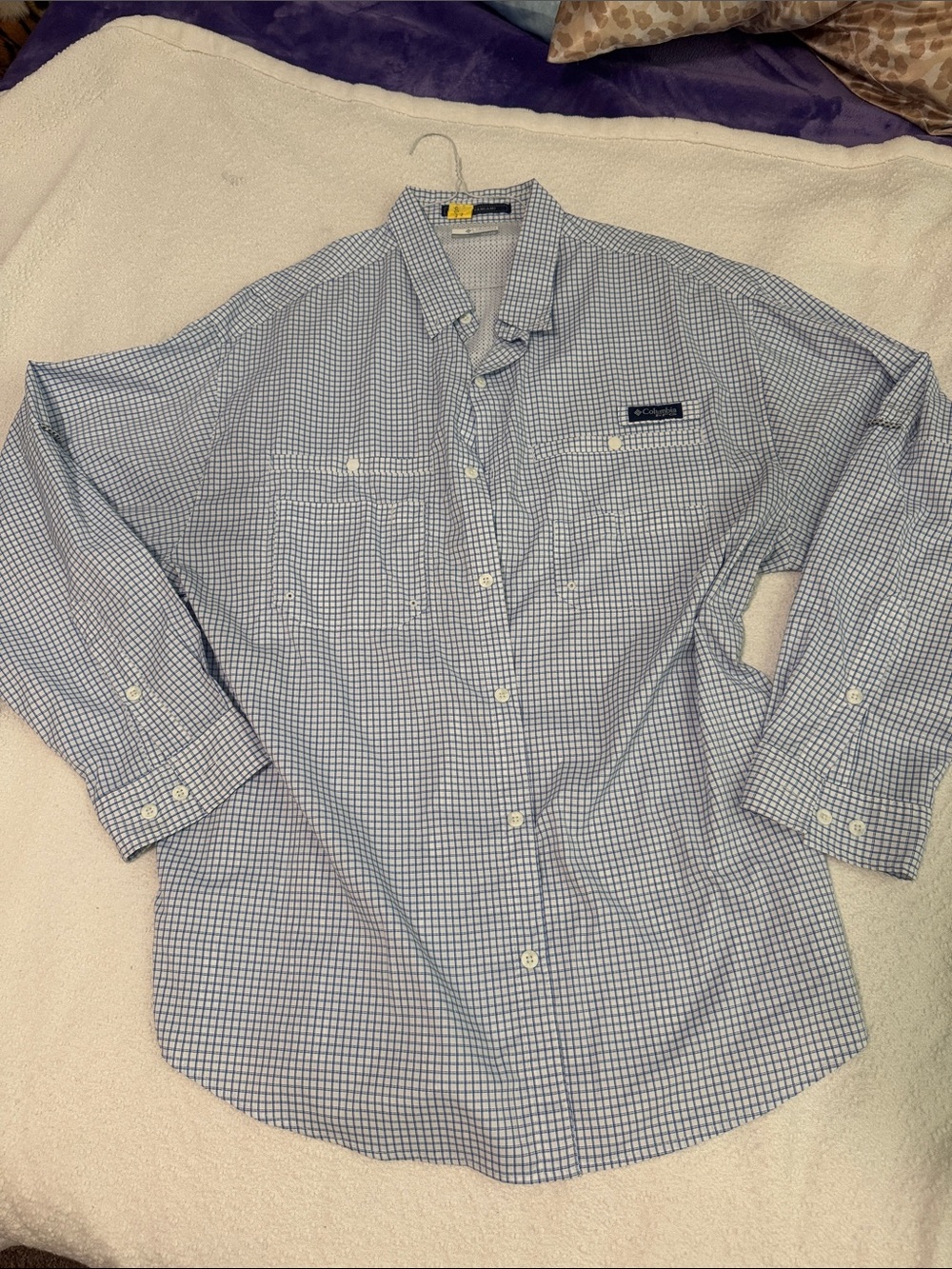 Columbia PFG Men's Blue and White Micro-Check Long-Sleeve Button-Down Shirt